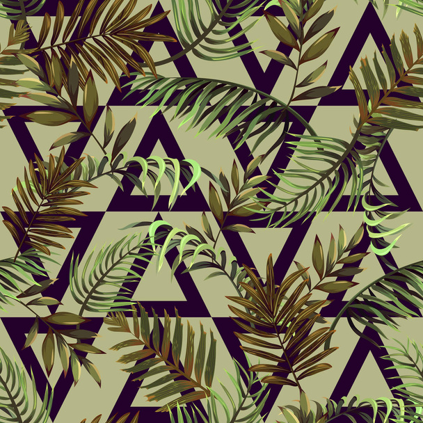 Seamless Pattern with Palm Leaves and Triangles - Διάνυσμα, εικόνα