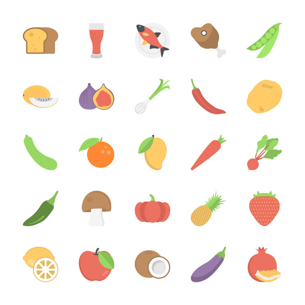 Gyümölcsök, zöldségek és Foods lakás vektoros ikonok - Vektor, kép