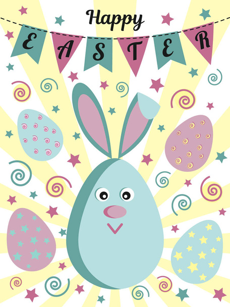 Happy Easter greeting card with a cute rabbit or a hare, painted eggs, flags and stars. Usable for design, invitation, banner, background, poster. Vector illustration - Wektor, obraz