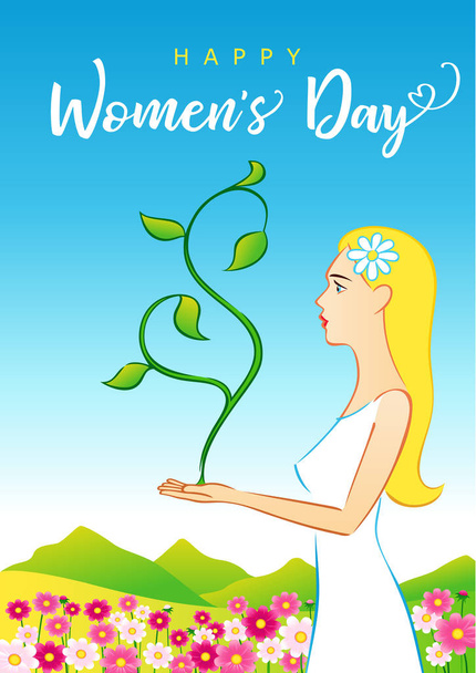 Ευτυχισμένη ημέρα γυναικών 8 Μαρτίου, όμορφη γυναίκα ευχετήρια κάρτα. Εικονογράφηση φορέα για την παγκόσμια ημέρα της γυναίκας με το κείμενο και όμορφες γυναίκες σε φόντο άνοιξη - Διάνυσμα, εικόνα