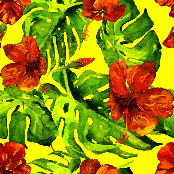 Watercolor Seamless Pattern. Hand Painted Illustration of Tropical Leaves and Flowers. Tropic Summer Motif with Hibiscus Pattern. - 写真・画像