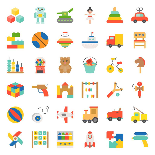 Speelgoed voor kinderen en baby set 1/3, platte pictogram - Vector, afbeelding