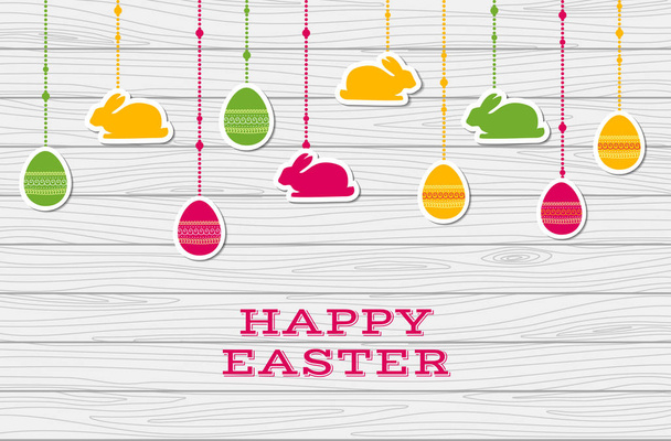 Happy Easter. Vector card with hanging stickers on wooden background - Vector, Image