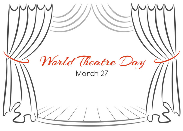 Παγκόσμιο Θέατρο ημέρα διάνυσμα ευχετήρια κάρτα με κουρτίνες και σκηνή - Διάνυσμα, εικόνα