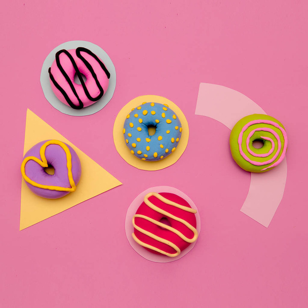 Donuts Lover Set.  Flat lay candy minimal vanilla pink art - Fotoğraf, Görsel