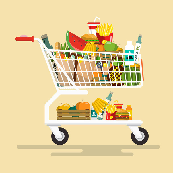 Shopping Cart with Foodstuff. Vector Flat Design Icon. - Vector, Image