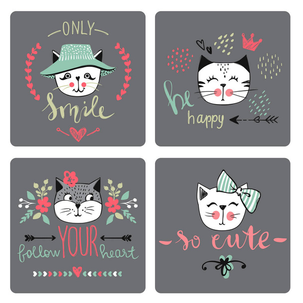 Vector card-serie met leuke mode katten. - Vector, afbeelding