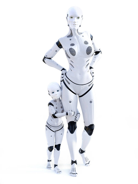 3D-rendering van robotic vrouw met haar kind. - Foto, afbeelding