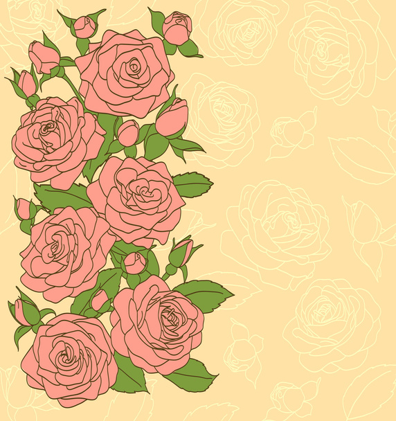 Kukat, lehdet ja silmut vaaleanpunaisia ruusuja. Maalattu vanhaan tyyliin. Sopiva tausta tekstille ja postikorteille
 - Vektori, kuva