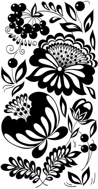 Fekete-fehér virágok, levelek és bogyók. A régi stílusban festett háttér - Vektor, kép
