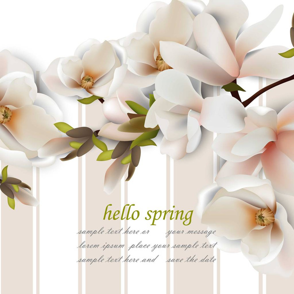 Hello spring card with magnolia flowers. Vintage Vector realistic backgrounds - Vector, Image