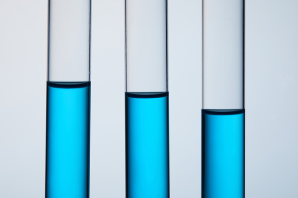 close-up shot of test tubes filled with blue liquid in row on grey - Foto, Bild