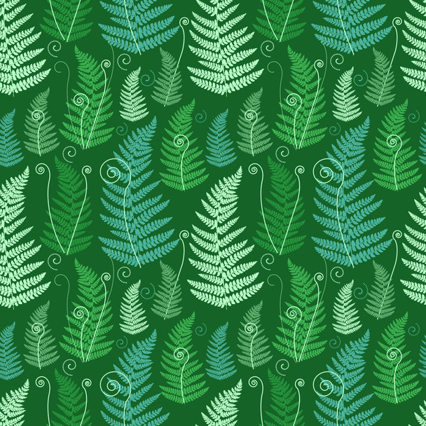 Green floral background with twirled grunge fern leafs. - Vector, Image