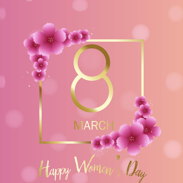 8 března blahopřání s zlatý čtvercový rámec a květiny. Vektor - Vektor, obrázek