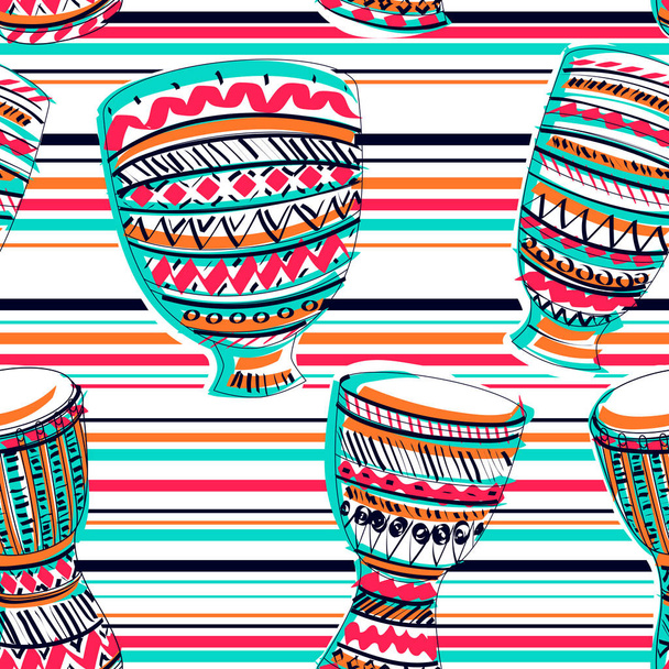 Seamless pattern with drums tam tam on striped background. Colorful hand drawn vector illustration - Вектор,изображение