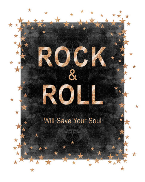 grafische modevormgeving, met rock slogan rock en roll voor t-shirt geïsoleerd op witte achtergrond - Foto, afbeelding