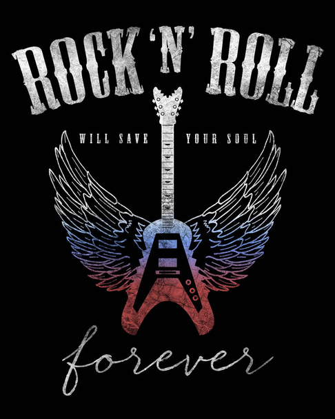 divat grafikai tervezés-a rock szlogen rock and roll póló, fekete háttér - Fotó, kép