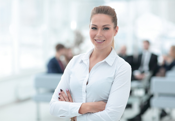 portrait of confident business woman on the background of the office. - Photo, Image