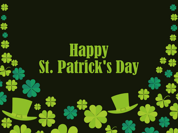 Happy St. Patrick's Day. Leprechaun hat and green clover leaves. Festive banner, greeting card. Typography design. Vector illustration - Wektor, obraz