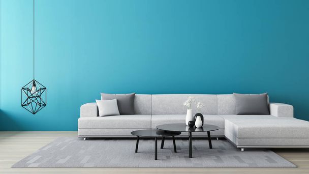 Parede azul sala de estar / 3D renderizar interior
 - Foto, Imagem
