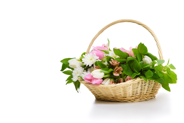 close-up shot of beautiful flowers in basket isolated on white - Photo, Image