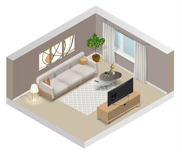 Pencere, kanepe, tv, portakal ağacı, zemin lamba, sehpa, perde, halı ve duvar resimleri ile bir oturma odası iç... Modern tasarım, vektör çizim. - Vektör, Görsel