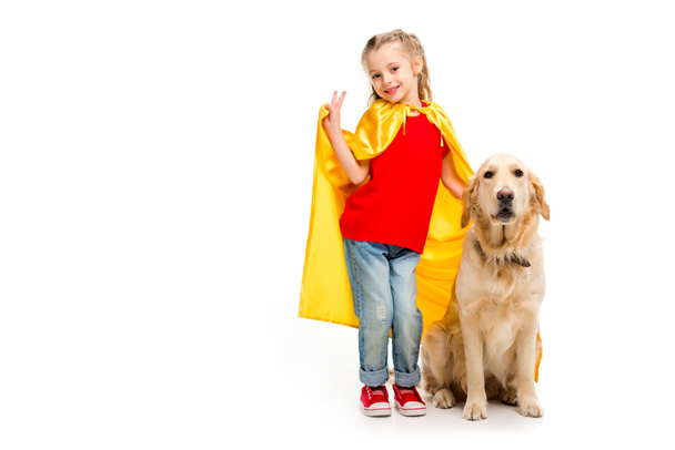 Smiling supergirl in yellow cape gesturing peace sign with golden retriever beside isolated on white - Fotó, kép