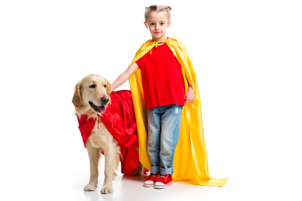 Dog in red cape with supergirl in yellow cape standing beside isolated on white - Fotó, kép