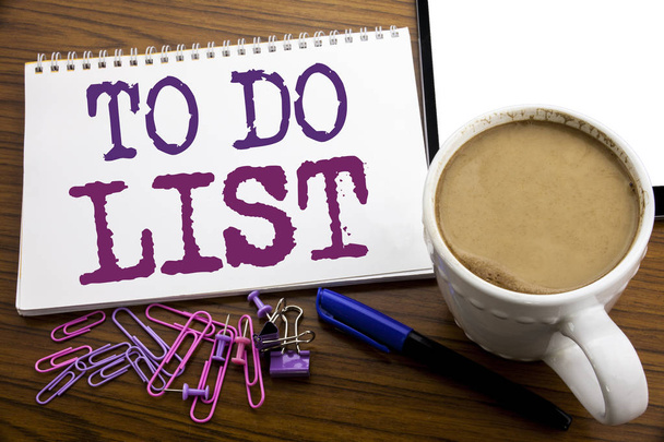 Hand writing text caption inspiration showing To Do List. Business concept for Plan Lists Remider written on note paper on the wooden background with coffee and pen - Photo, Image