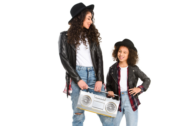 happy mother and daughter with retro boombox isolated on white - Fotoğraf, Görsel