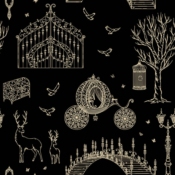 Enchanted forest. Seamless pattern with vintage gate, lantern, carriage, bridge, tree, chest, cage, mirror, deer. Fairy tale theme. Collection of decorative design elements. Vector illustration - Vector, Image