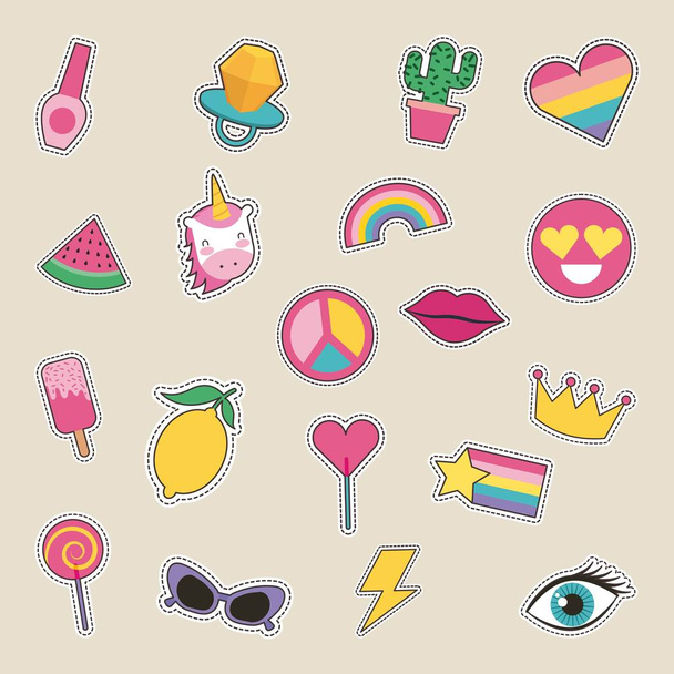 set of patches or stickers cute cartoon icons - Vector, Imagen