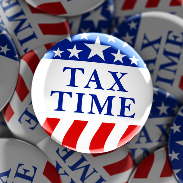 Tiempo de impuestos escrito en un botón rojo, blanco y azul
 - Foto, Imagen