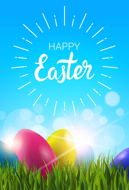 Happy Easter Greeting Card With Colorful Easter In Green Grass Over Blue Shining Background - Διάνυσμα, εικόνα