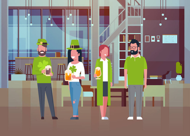 Young People On St. Patricks Day Party Celebrating Wear Traditional Green Costumes And Drinking Beer - Vector, imagen