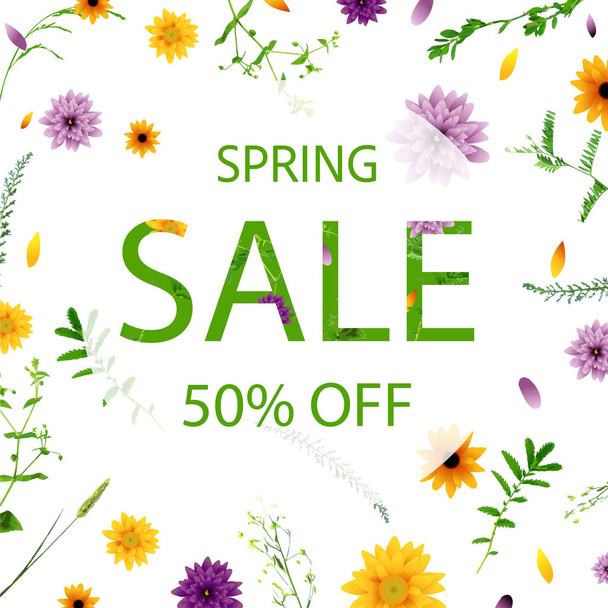 Spring sale poster over floral background - Vektör, Görsel