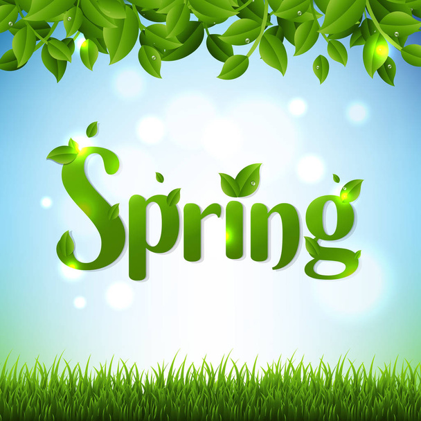 Lettering Spring with green leaves and grass on blue background with lights - Vektör, Görsel