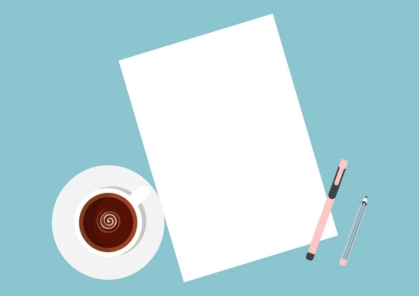 Flat template sheets of paper with cup of coffee on desk - Vektor, obrázek
