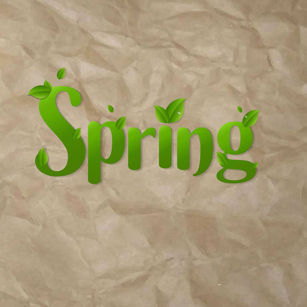 Lettering Spring with leaves on brown craft paper background - Vektör, Görsel