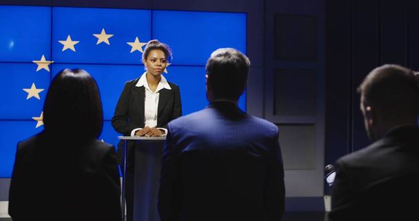 Female politician of EU having press conference - Zdjęcie, obraz