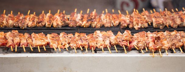Meat skewers souvlaki on grill. Close up, banner, front view with details. - Photo, Image