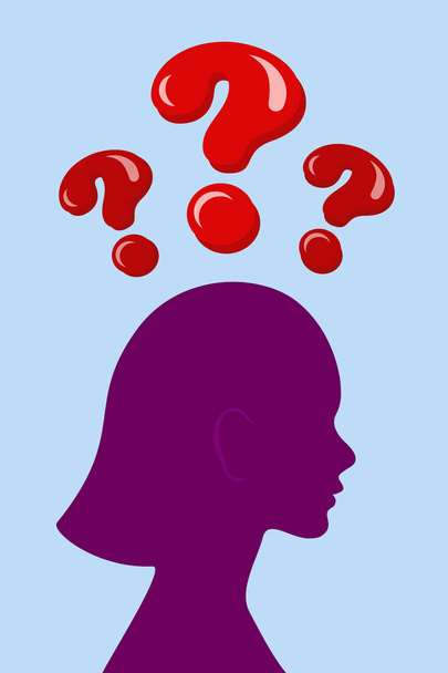 Woman thinks about something. Woman's head with a question. Female profile. - Vector, Image