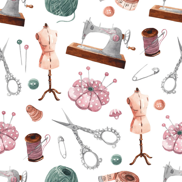 Seamless sewing pattern. Sewing machine, scissors, thread, reel, pins, needles, buttons. Hand-drawn watercolor background - Фото, изображение