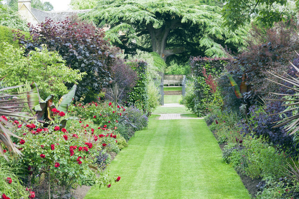 Grasweg zwischen Blumenbeeten mit roten Rosen und blühenden Pflanzen, Kräuter, die zu einem Metalltor und einer Holzbank unter einem weitverzweigten Baum führen, in einem englischen Sommergarten . - Foto, Bild