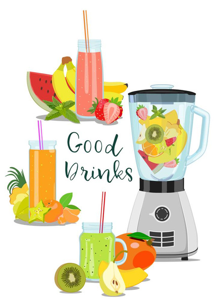 Friss gyümölcslé és smoothie üvegek és a blender. Vektoros illusztráció - Vektor, kép