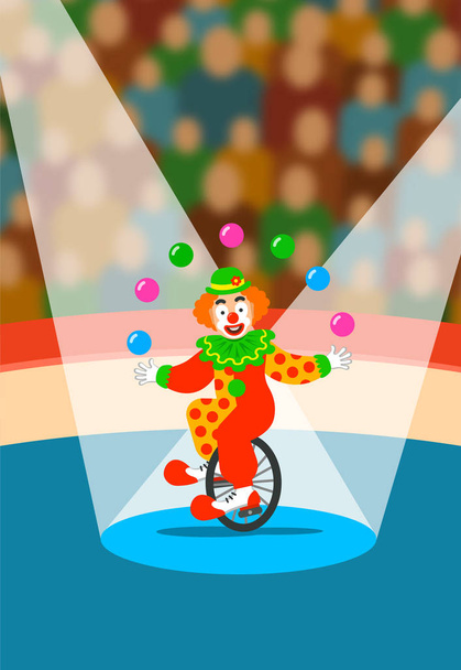 Clown de cirque jonglant avec les balles sur le monocycle sur l'arène
 - Vecteur, image
