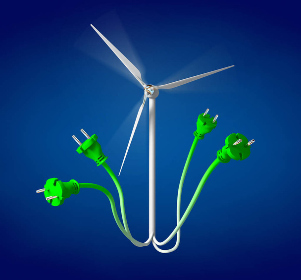 3d illustration of wind turbine connected to four european power plugs - Foto, Imagen