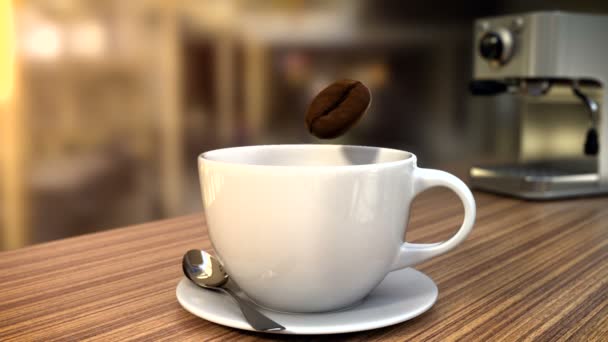Vídeo CGI 3D de grãos de café voando lentamente sobre a xícara na mesa no café e desmoronando em pedaços de café instantâneos. Vapor que flui da xícara de café
 - Filmagem, Vídeo
