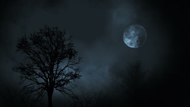 Luna llena por la noche surgiendo entre el bosque de árboles con nubes
 - Metraje, vídeo