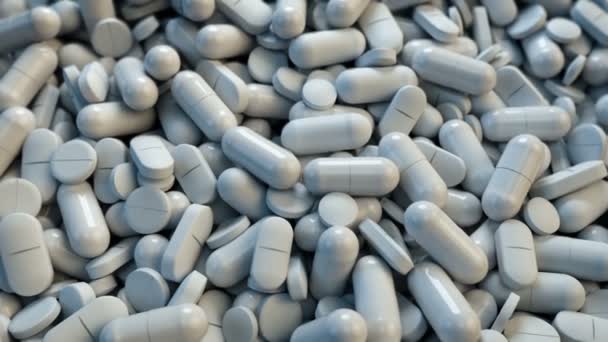 Imágenes CGI 3D de la cámara moviéndose lentamente sobre montones de pastillas, tabletas y medicamentos
 - Metraje, vídeo